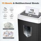 Bonsaii 15-Sheet Office Paper Shredder, 40-Minute Home Office Heavy Duty Shredder, Crosscut Shredders for CD, Credit Card, Mails, Staple, Clip, Anti-Jam System & P-4 High Security & 5 Gal Pullout Bin