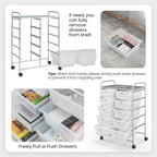 GLACER 10 Drawer Rolling Cart, Storage Cart with Lockable Whieels & Metal Frame, Trolley for Art Craft Oganizer, Mobile Utility Cart for Office, School, Classroom, Kitchen (Clear White)