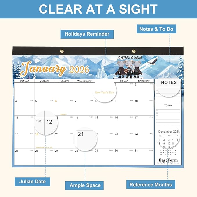 EaseForm 24 Month Desk Calendar 2026-2027, Runs from January 2026 to December 2027, Large 17"x12" Desktop/Wall Monthly Calendar, 2 Year Academic Calendar with Note & To Do for Home, School or office