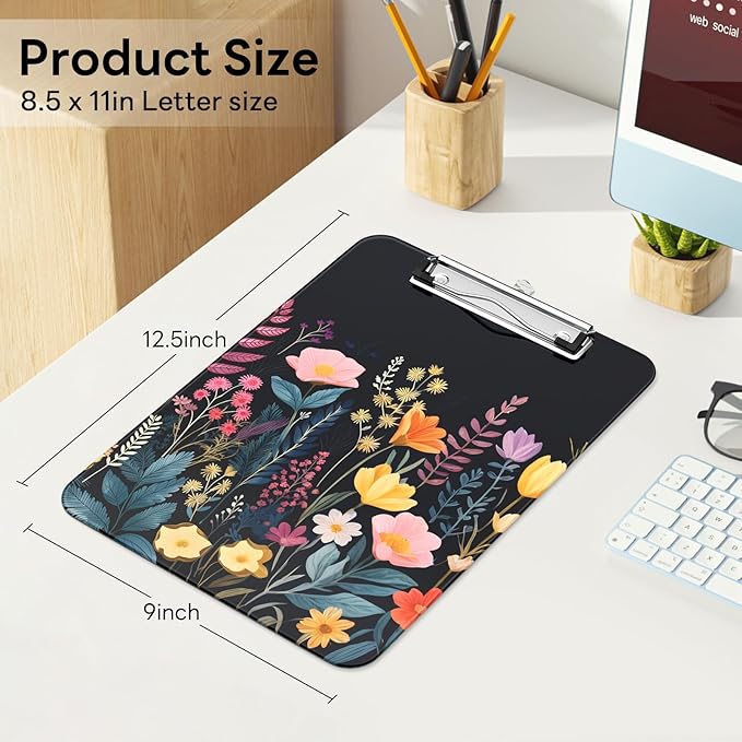 Luminzo Plastic Cute Clipboard Low-Profile Metal Clip, A4 Letter Size 9 x 12.5 in, 8.5 x 11 Paper Clip Board for Teachers, Nurses, Classroom,Black Flower