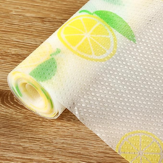 Lemon Print Shelf Liner with Green Leaf – Non-Adhesive Waterproof Drawer and Cabinet Liner – Decorative Kitchen Shelf Paper for Pantry, Closet, Cupboard, Countertop