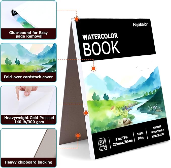 Watercolor Paper Pad, 9"x12" Water Color Paper, 140lb/300gsm Artist Painting Drawing Paper Book, Art Supplies for Adults Kids, Watercolors, Watercolor Paint Set, Sketchbook, Journal, Black