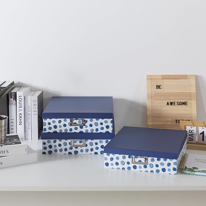 Soul & Lane Blue Spots Decorative Storage Boxes with Lids, Set of 3 Memory Boxes for Keepsakes, Nesting Letter Cardboard Document Storage for Organizing, Photos, Scrapbook