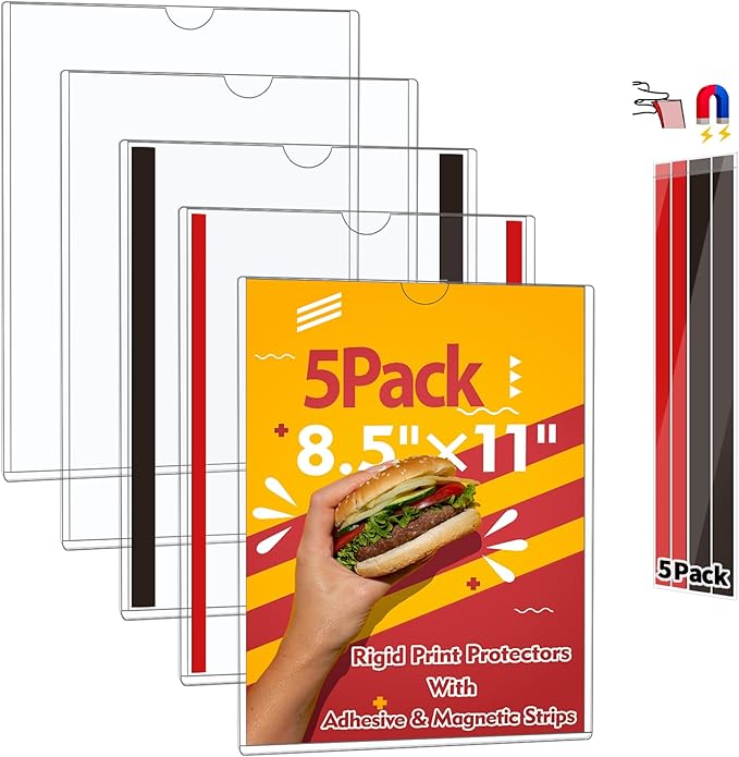 JR-MOV Magnetic Sign Holder 8.5 x 11 - Rigid Plastic Wall Sign Holder Reusable Adhesive Frames, Magnetic Frame for Refrigerator Door Window, Clear Rigid Print Protectors for Paper Picture, 5 Pack