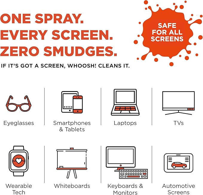 WHOOSH! Screen Shine Go - 1 fl oz Refillable Screen Cleaner Kit with Microfiber Cloth for MacBook, Phone, iPad & Eyeglasses - Powerful Streak-Free Cleaning - Pocket-Sized, TSA-Approved for Travel