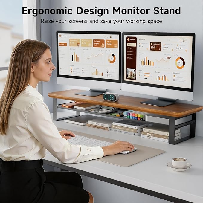 NestNeat Dual Monitor Stand, 35.4 Inch Monitor Stand Riser for 2 Monitors, 2 Tiers Wood Desk Shelf with Storage, Desktop Organizer Stand for Computer, Laptop, Printer, TV (Walnut, 35.4in)