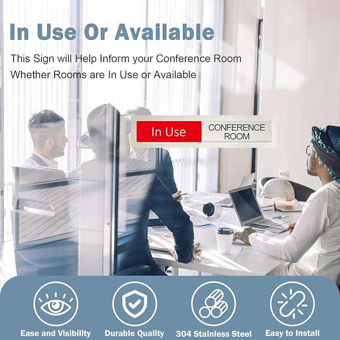 Conference in Use or Available Sign,Vacant Occupied Status for Home Office Hotles Hospital Restroom, Vacant Occupied Slider Door Sign Tells Whether Room in Use or Available,7'' x 1.5'' - Stainless Steel ,Silver
