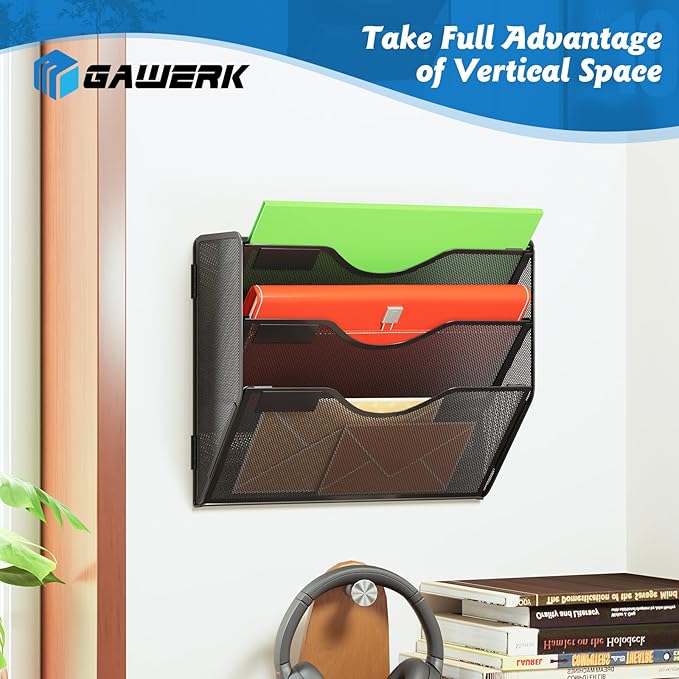 Gawerk 3 Tier Hanging Wall File Organizer, Mesh Mail Paper Orgnization Hanging File Folder Holder for Home Office, Black