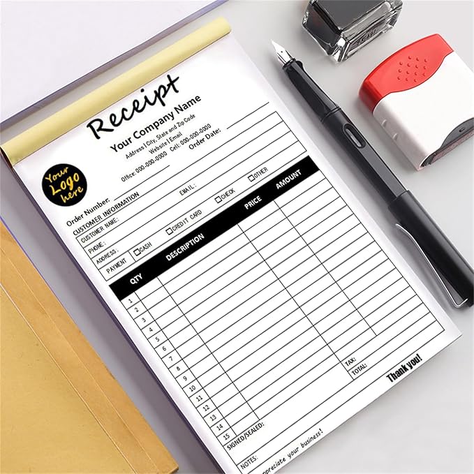 Custom Invoice Book in 3-Part /2-Part Receipt Book with Carbon Copies Personalized Carbonless Service Invoice Form Books Sales Order Book with Company Name Logo Address,D-Receipt Book with Logo