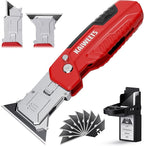 KAIWEETS Utility Knife Scraper, 2-in-1 Folding Box Cutter with Blade Storage, Heavy Duty Zinc Alloy Body, Retractable Design, 12pcs SK2 Black Blades replacement, EDC Tool for Home, Office, DIY– Red