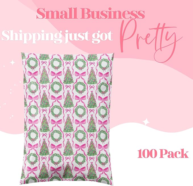10x13 Designer Poly Mailer 100 Pack Heavy Duty Waterproof Self Seal Shipping Bags for Small Business Large Mailing Envelopes Bulk Tear Resistant Packaging Coquette Christmas Holiday Bows