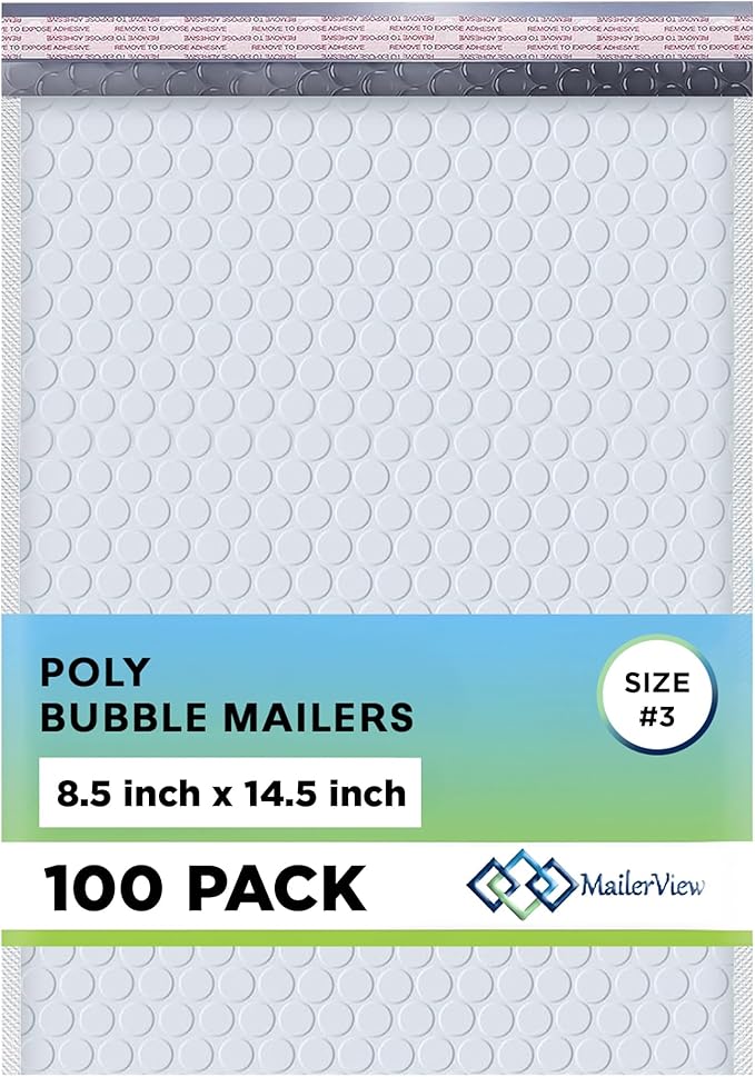 White Poly Bubble Mailers 8.5x14.5 inch #3 | Self Seal Padded Envelopes | Cushioned Bubble Mailer | Usable Size 8.5x13.5 | WaterProof | Lightweight mailing Shipping Bags | 100 Pack Bulk | Made in USA