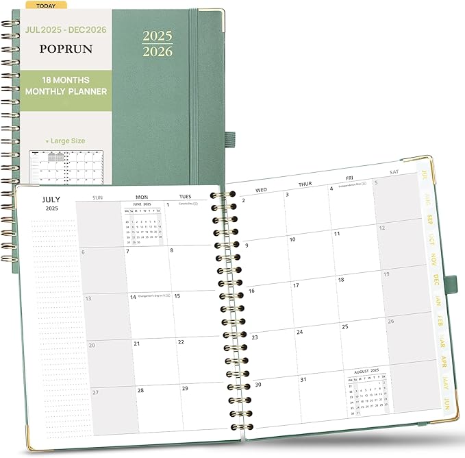 POPRUN Monthly Planner 2025-2026 Spiral Hardcover (8'' x 10''), 18 Months Calendar (Jul.2025 - Dec.2026) - 2 Pages per Month with Dotted Note Pages, Sunday Start, Laminated Tab - Midnight Green