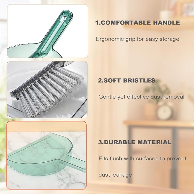 BSMstone Small Broom with Dustpan Combo Set Mini Broom and Brush Set Hand Sweeper for Cleaning Desk Office Kitchen Pet Nest (Transparent Green)