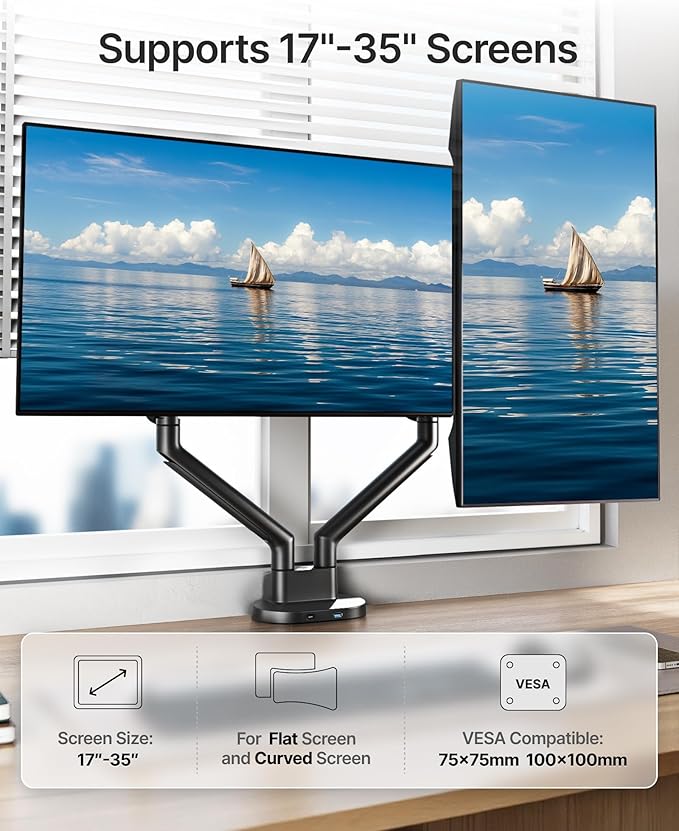 monTEK Dual Monitor Stand Mount with USB for Up to 35" Screens, Each Arm Holds Max 24.25lbs, Full Motion Adjustable Monitor Arm Desk Mount with C-Clamp/Grommet MA1010UCBK-D
