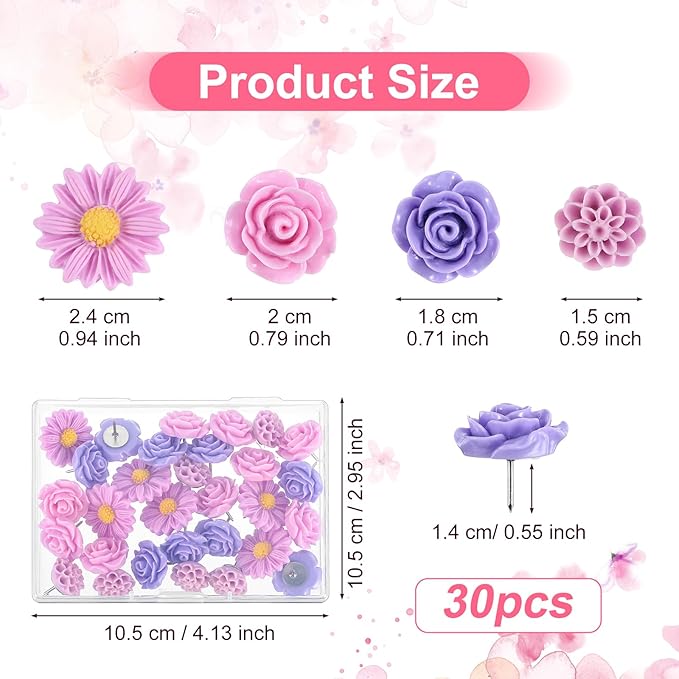 XLIUAX 40Pcs Flower Push Pins, Rose Thumb Tacks Cute Pink Thumbtacks for Cork Board Decorative Push Pins for Bulletin Board Photos Wall Maps Offices (Purple)