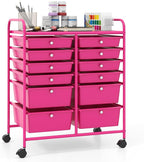 Giantex 12 Drawer Rolling Storage Cart Tools Scrapbook Paper Office School Organizer (Hot Pink)