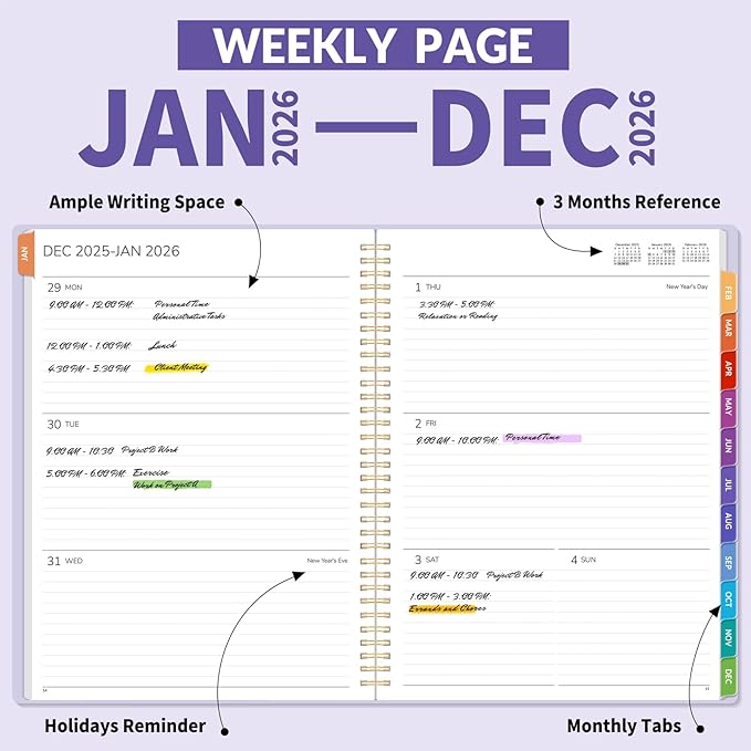 GNL 2026 Planner, Weekly and Monthly Planner January - December 2026, 8.5" x 11" Monthly Planner with Waterproof Flexible Cover, Spiral Binding Notebook with Colorful Tab, Pockets, Bookmark, Purple