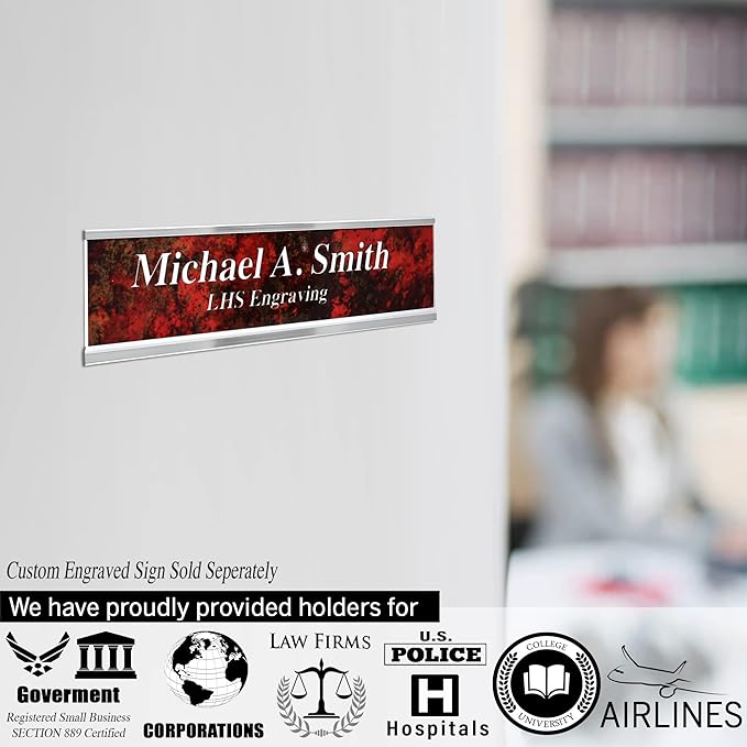 Personalized Name Plate with Choice of Mounting for Walls, Doors, Desk Holders, Cubicles, Hanging and More - Custom Gray Plastic Black Letters - USA Made 2x8 - B8