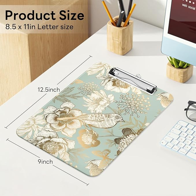 Luminzo Plastic Cute Clipboard Low-Profile Metal Clip, A4 Letter Size 9 x 12.5 in, 8.5 x 11 Paper Clip Board for Teachers, Nurses, Classroom,Floral Bird