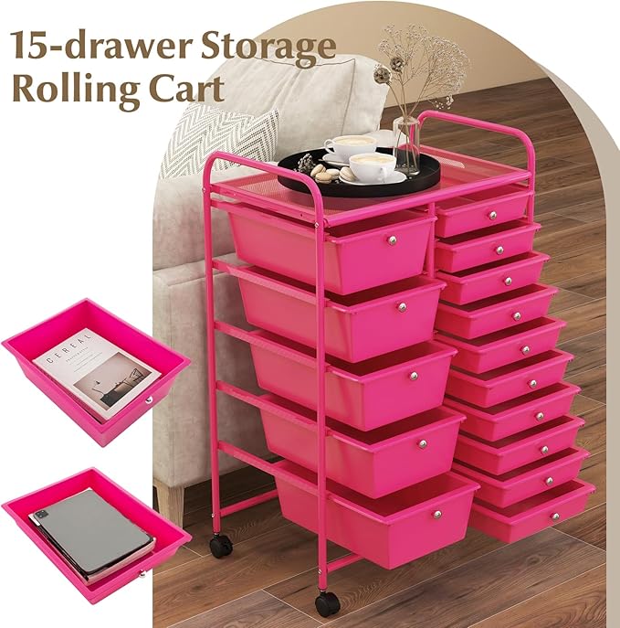 GLACER 15 Drawers Rolling Cart, Storage Cart with w/Removable Drawers & Steel Frame, Multipurpose Organizer Cart w/Sleek Handle, Utility Cart on Lockable Wheels for Home, School, Office (Hot Pink)