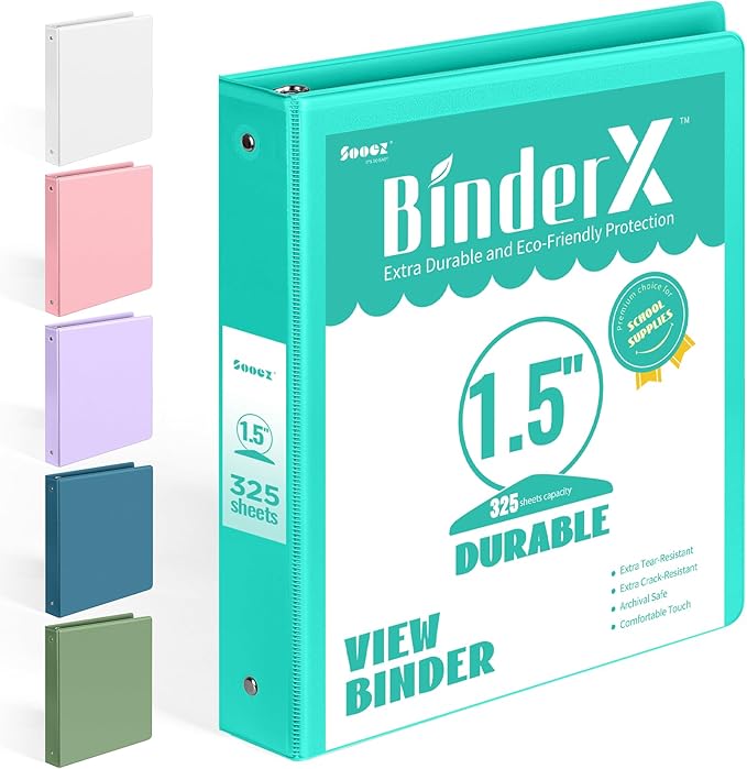 BinderX Extra Durable 1.5 Ring Binder, Round Ring 1.5 Inch Binders, Fits 325 Sheets of 8.5x11 Paper, Customizable View Cover with Inside Pockets, Cute 1.5" Binder, School Supplies for Girls, Aqua Blue