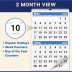 Dunwell 2026 2-Month Wall Calendar, Blue, Monthly Hanging Calendar with Large Bold Numbers, Easy to Read, Jan–Dec 2026, 11x17 Open, Ships Folded
