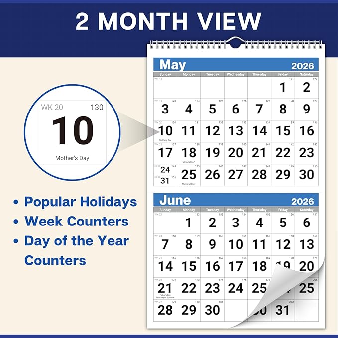 Dunwell 2026 2-Month Wall Calendar, Blue, Monthly Hanging Calendar with Large Bold Numbers, Easy to Read, Jan–Dec 2026, 11x17 Open, Ships Folded