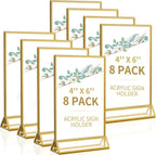 Smarpau 4x6 Gold Acrylic Sign Holder Table Number Holders 8 Pack Vertical Double Sided Clear Picture Frames for Wedding Flyer Display Stands Table Menu Holders