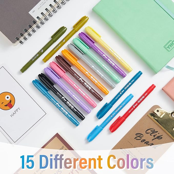 MAIKEDEPOT Sign Brush Pen, 15pcs Calligraphy pen Flair Pens Fine Point(0.4mm) Assorted Colors, Felt Tip Pens Art Brush Marker, Journaling Pen Set for Beginners Adult Hand Lettering Calligraphy