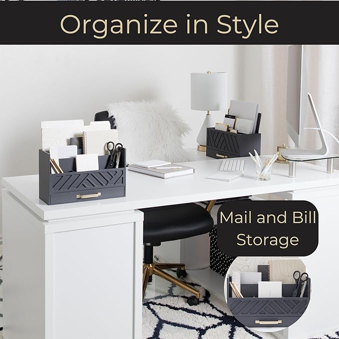 BLU MONACO | Grey Wooden Desk Organizer With Drawer | MDF Wood Desktop Organizer With Gold Handle | Multi-Compartment Desk Storage For Office Stationery | Home Office Organization