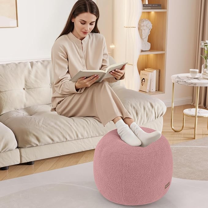 MeMoreCool Stuffed Round Pouf Ottoman Foot Rest, Floor Pouf Foot Stool with Soft Foam Chunk Filling, Small Round Ottoman Footstool Circle Footrest for Living Room, Pink