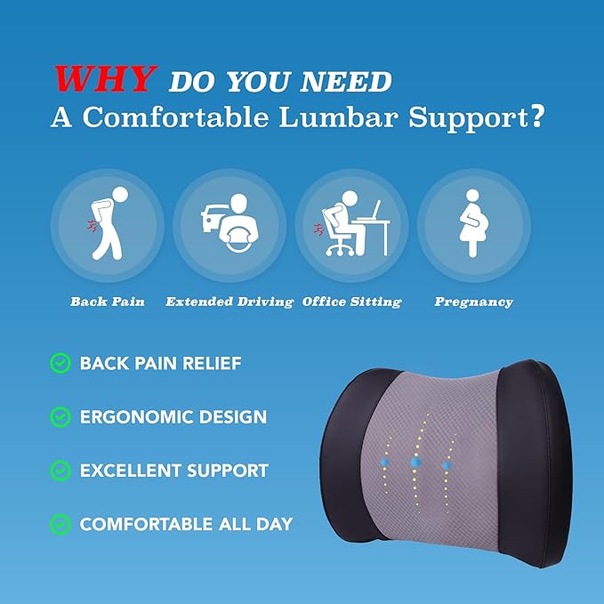 Lofty Aim Lumbar Support Pillow for Car, Memory Foam Lumbar Pillow for Lower Back Pain Relief - Back Cushion for Driving, Chair Support for Car-Office Chair, Wheelchair - Black&Gray