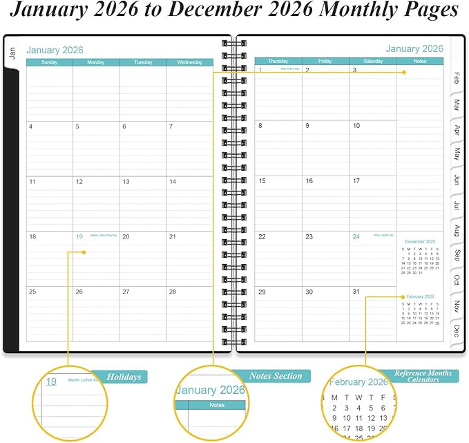 Daily Planner 2026 Full Page Per Day- 2026 Daily & Monthly Planner from January 2026 to December 2026, Day Planner 2026 with 12 Months Tabs, 6.4" x 8,5", Black