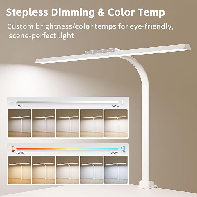 Desk Lamp with Clamp, LED Eye-Caring Clip on Desk Lights for Home Office, Tall Touch Control Dimmable Computer Light with Color Changing, 24W Brightest Architect Desktop Lamp for Screen, White