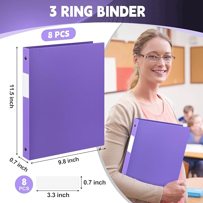 Henoyso 8 Pcs 3 Ring Binder 0.5 Inch Round Fits Letter Size 8.5'' x 11'' Paper Plastic Flexible Binder Bulk Holds 140 Sheets with 1 Pockets Versatile Organizer for Home Office School (Purple)