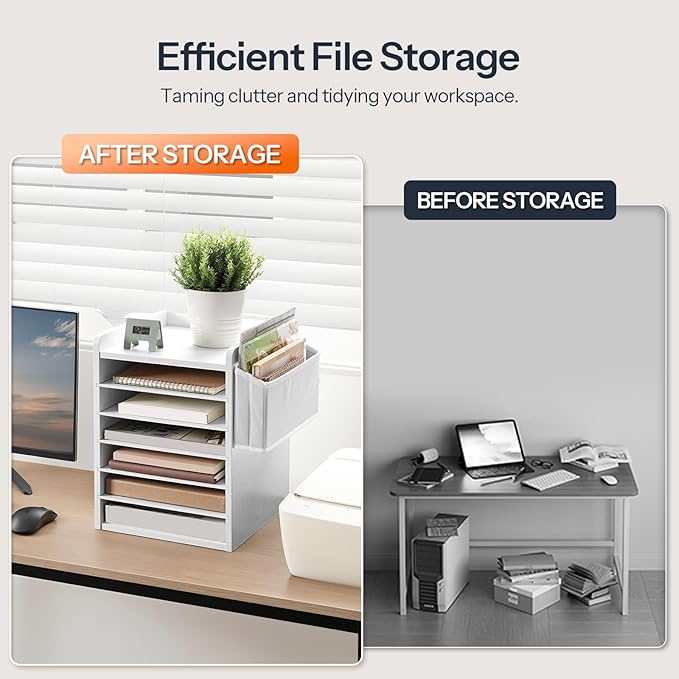 HOOBRO Adjustable Countertop Mail Sorter, 6 Tier Wooden Paper Organizer, Vertical Literature Organizer with Side Storage, Office Mailbox Cubbies, Classroom Mailbox, for Home, Office, White WT34WF01