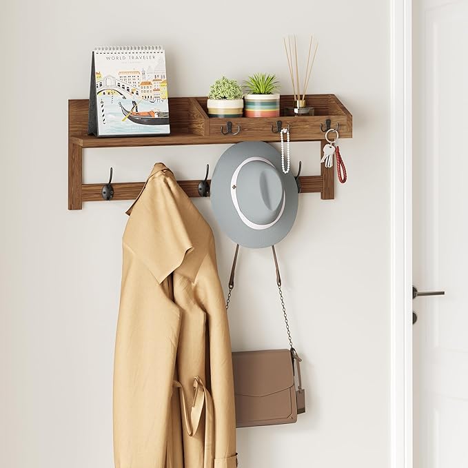 AMBIRD Wall Hooks with Shelf, 26.57 Inch Entryway Wood Coat Hooks for Wall with Shelf, Coat Rack Wall Mount with 5 Dual Hooks 3 Key Hooks Mail Organizer and Key Rack Holder (Brown)
