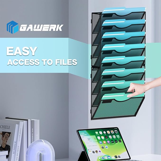 Gawerk 8-Tier Wall File Organizer Hanging Wall File Holder Wall Mount Paper Folder Organize, Mesh Magazine Document Mail Organizer Wall Organizer for Office School Home, Black