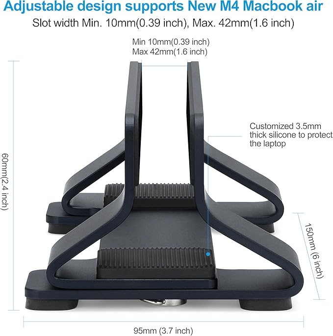 Psitek Aluminum Vertical Laptop Stand Dock Holder, Adjustable Slot Width 12-42mm, Space-Saving Upright Storage for MacBook and Laptops