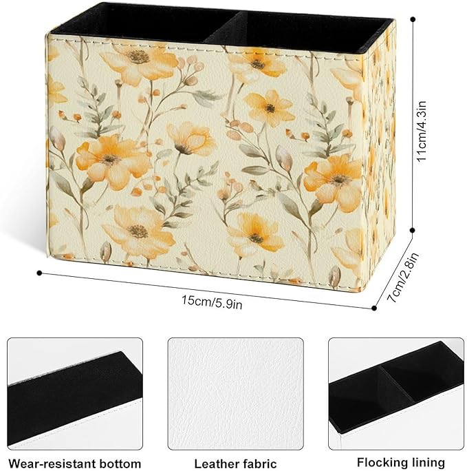 Famame Yellow Flowers Small Leaves Pencil Holder for Desk, Leather Desktop Container Pen Cup Storage Study Table Pen Organizer Makeup Brush Holder for Classroom Office Home