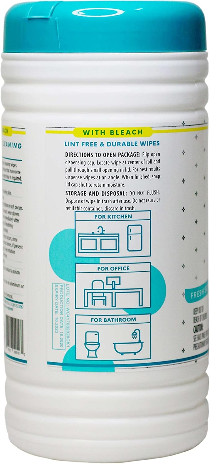 Juniper CLEAN 1 Pack Surface Cleaning Wipes with Bleach, All-Purpose Cleaner for Bathroom, Kitchen, Office, 75 Count Canister, 7.5" x 7" Sheet, Fresh Scent, Lint Free & Durable