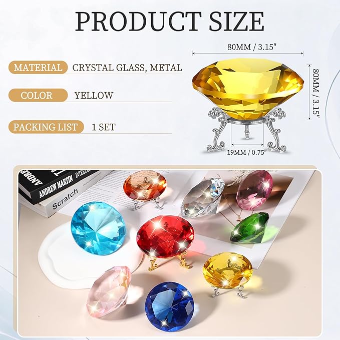PATIKIL Diamond Crystal Paperweight, 80mm / 3.15" Crystal Paperweight Paper Weight with Silver 19 Metal Base for Home Office Desktop Table Decor Wedding Party Ornaments, Yellow