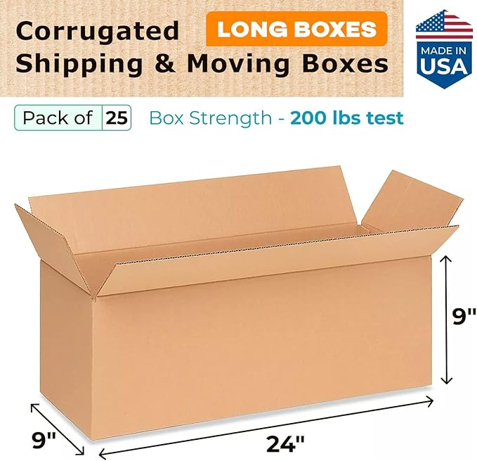 Long Moving & Shipping Boxes 24"L x 9"W x 9"H (25-Pack) - Extra Strength 200 lb vs Regular - Corrugated Moving Boxes for Delivery - Cardboard Box for Shipping - Long Box by IDL Packaging