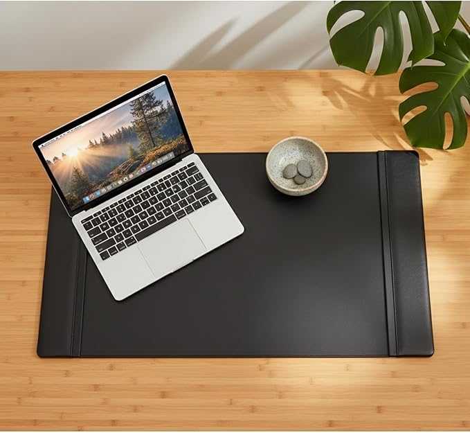 DACASSO Classic Leather Desk Pad with Side Rails - Luxury Leather Desk Blotter for Writing - Padded Executive Desk Surface Protector - (Black, 34” x 20”)