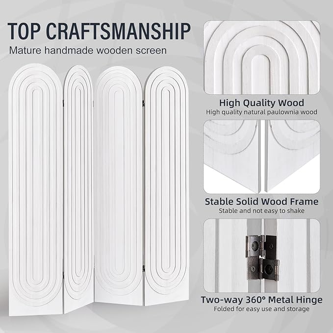 Asnefeli 4 Panel Room Divider and Folding Privacy Screen, Foldable Wood Arched Room Divider Wall, Portable Partition Screen, Room Partition Divider for Room Separation for Home Office Bedroom, White