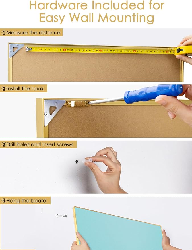 Lightomorrow Bulletin Board 30 x 20 inches, Dark Blue Pin Board, Golden Aluminum Framed Fabric Cork Board with 10 Push Pins