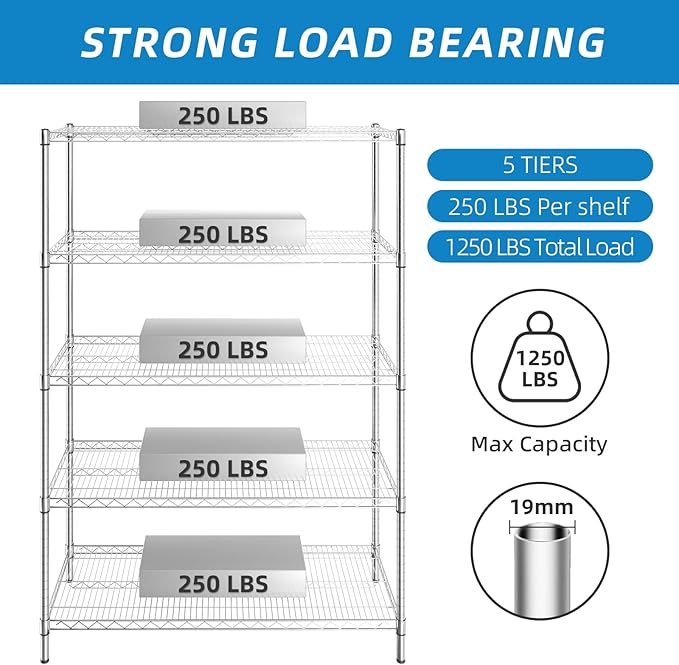 Guan River 5-Shelf Adjustable Metal Shelf Wire Shelving Unit Heavy Duty Storage Rack Display Shelf for Office,Kitchen,Bedroom,Bathroom,Laundry,Pantry Basement,Garage(Chrome,48" L x 18" W x 72" H)