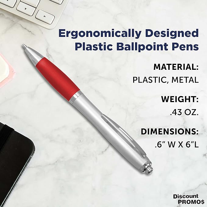 DISCOUNT PROMOS Ballpoint Pens With Rubber Grip, 10 pack, Black Ink Writing Pens in Bulk, Red