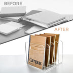 AIMOLLY 4 Vertical Compartments File Holder, Clear Acrylic Desk Organizer and Storage Bins Holding for Magazines, Binders, Notebooks, Envelopes, Multi-purpose Document Organizer for Home Office